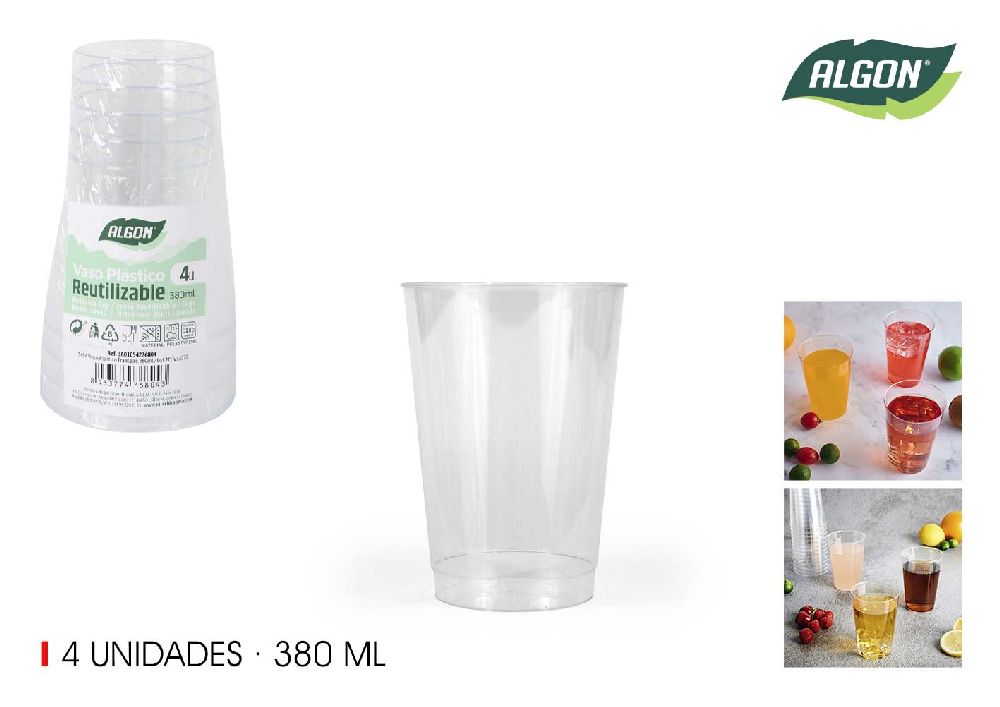 Set di 4 bicchieri di plastica trasparente da 380